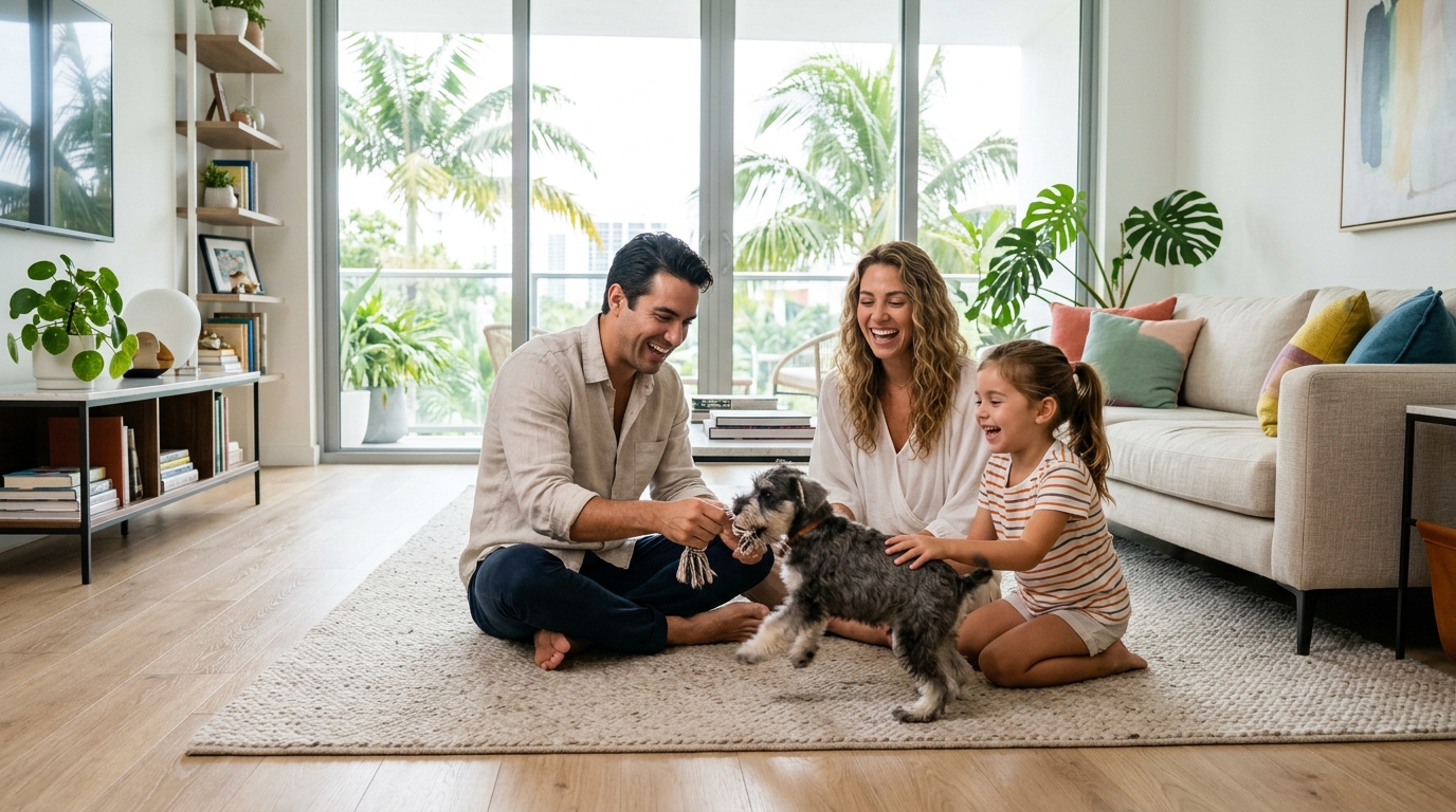 Mini Schnauzer puppy with family in a Miami home